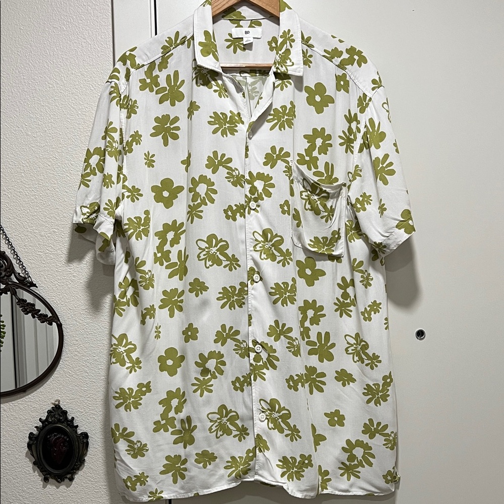 White Short-Sleeve Button-Up Shirt with Olive Floral Print